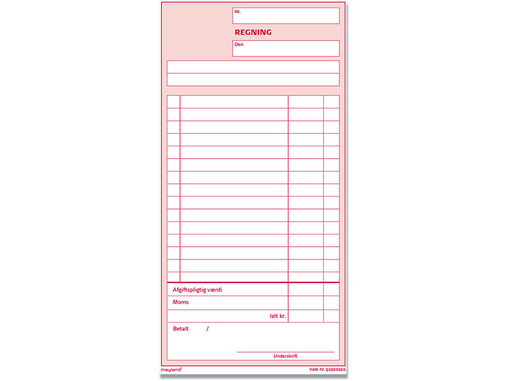 Regningsblok, Med moms-specifikation, 200x126 mm, 2x50 blade, Mayland 