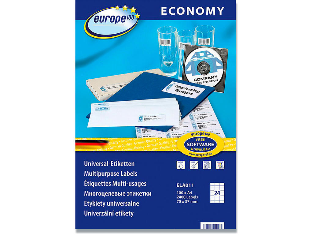 Etiketter, 70x37.1 mm, Hvid, 2400 etiketter i alt, Avery Europe 