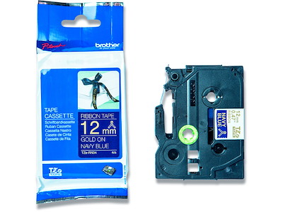 Labeltape, 12mm x 4m, Guld på Mørkeblå satin stofbånd, 1 rulle, Brother P-Touch TZe-RN34
