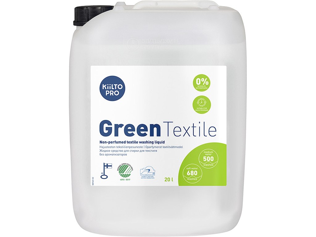 Tøjvask, Flydende, Kulørt og hvidt, Med farve, Uden parfume, 20 liter, Kiilto Pro Green Textile