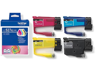 Blækpatroner, 4 stk, Sort: 3000 sider Farver: 2000 sider, 4 farver, Brother LC527XLVAL