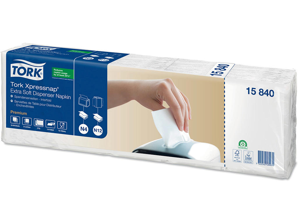 Dispenserservietter, 2 lag, Hvid, 21.3x33 cm, 4000 stk, Tork Xpressnap N4