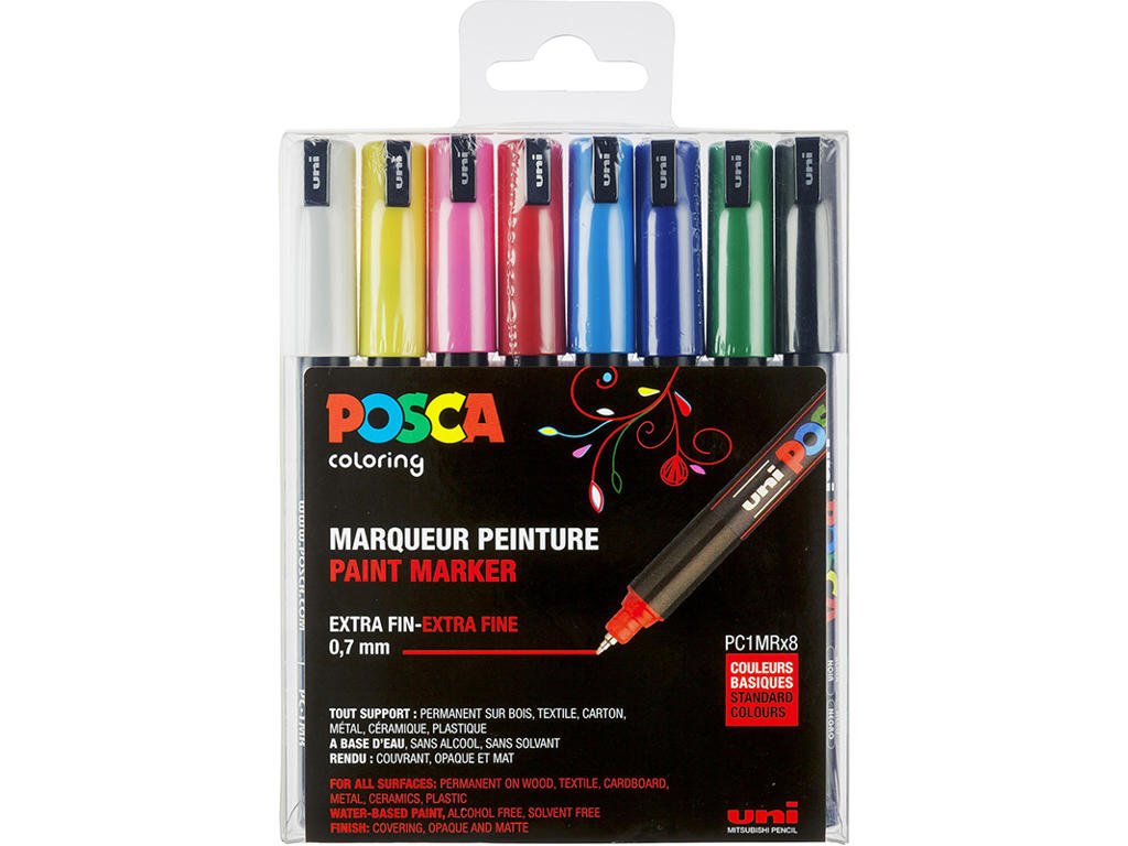 Paint marker, 0.7 mm, 8 assorterede farver, Ultra-fin spids, uni Posca PC-1MR