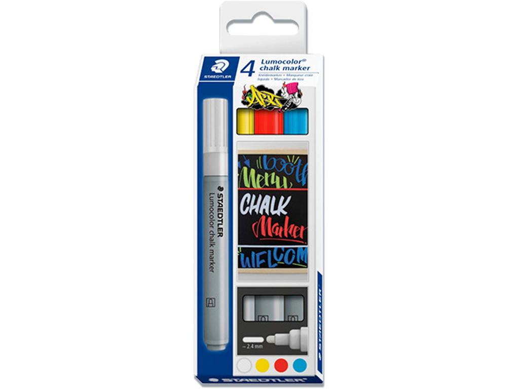 Kalk marker, 2.4 mm, Rød, gul, blå, hvid, 4 stk, Staedtler Lumocolor Chalk 344
