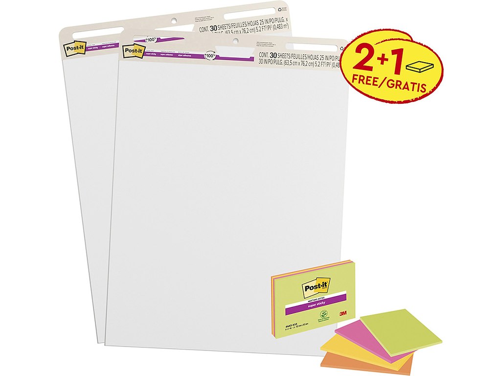 Flipoverpapir, 2 stk 63.5x77.4 cm og 4 stk Post-it blokke, 3M