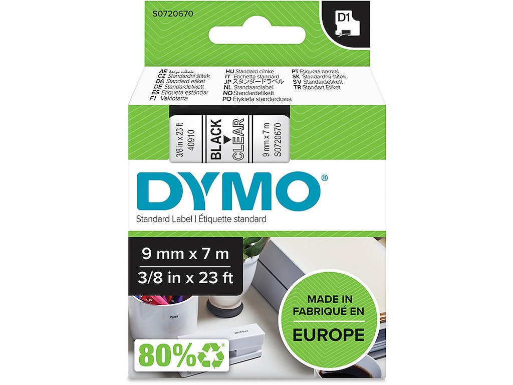 Labeltape, 9mm x 7m, Sort på Transparent, 1 rulle, Dymo D1 40910