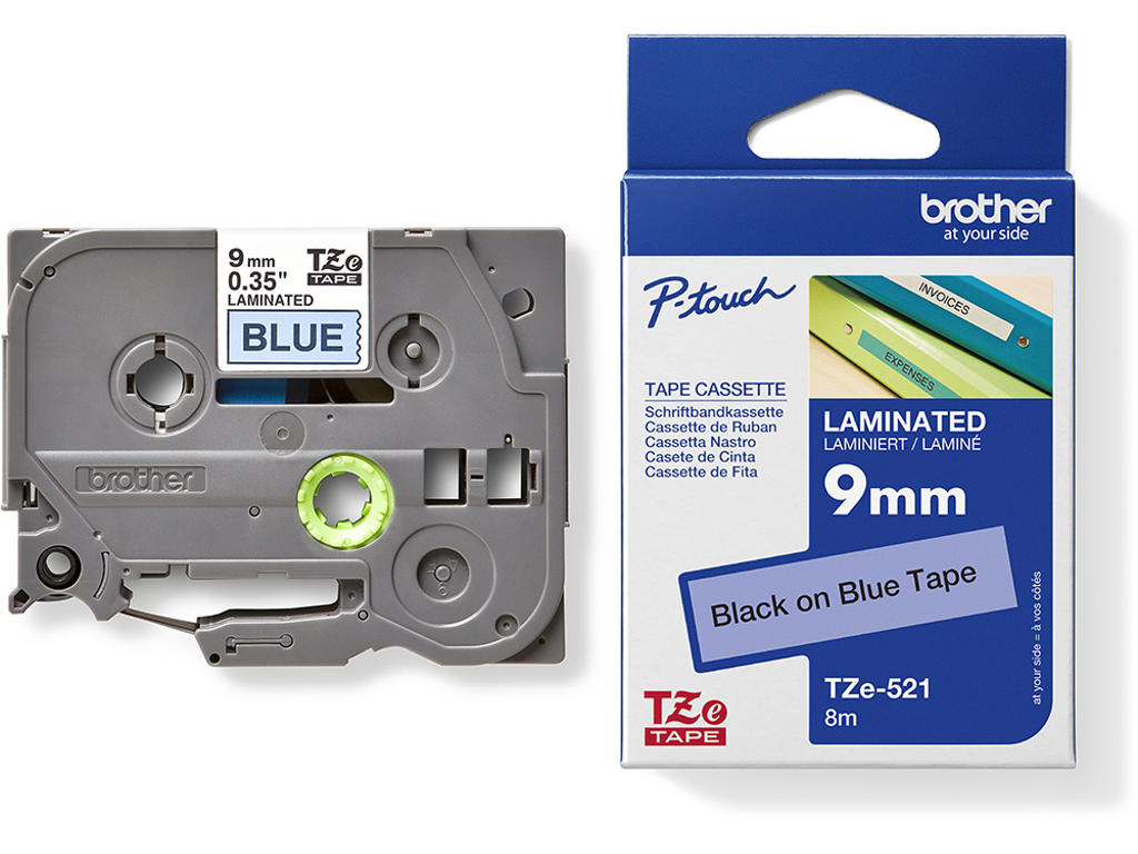 Labeltape, 9mm x 8m, Sort på Blå, 1 rulle, Brother P-Touch TZe-521