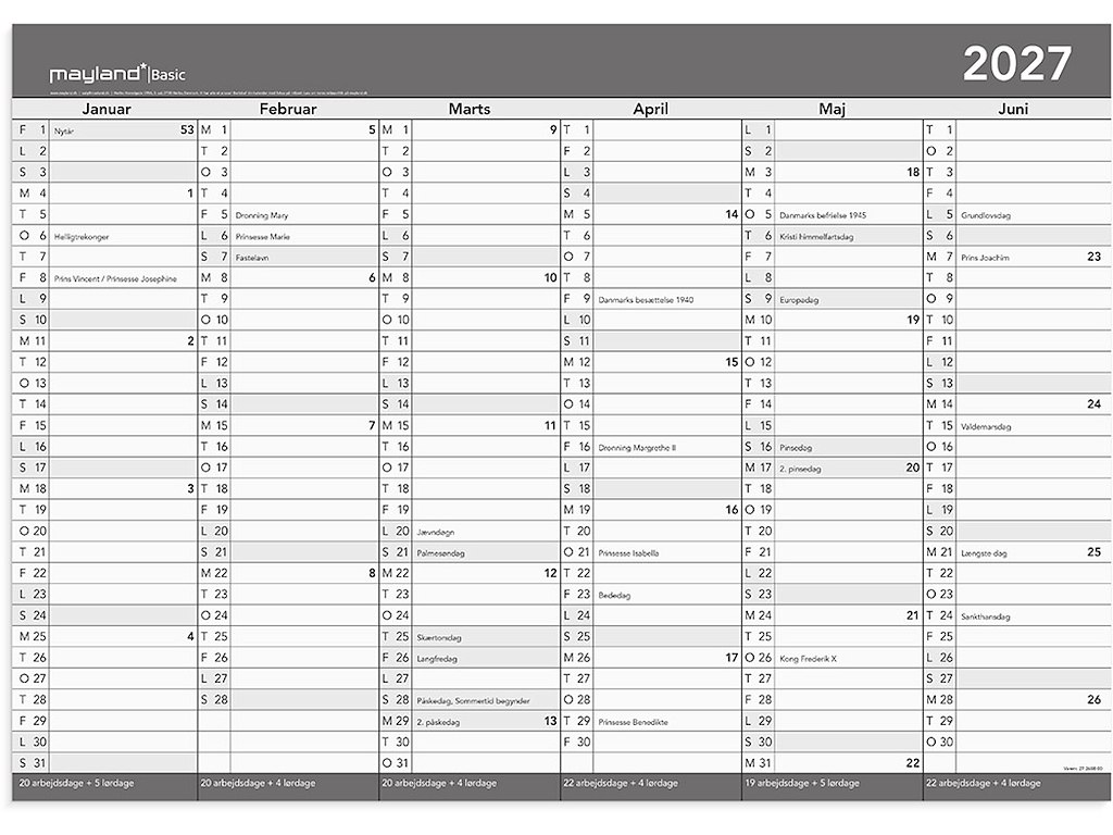 Vægkalender, 2027, A2, Basic Kontor Whiteboard, 6 måneder pr. side, Mayland