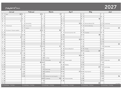 Vægkalender, 2027, A2, Basic Kontor Whiteboard, 6 måneder pr. side, Mayland