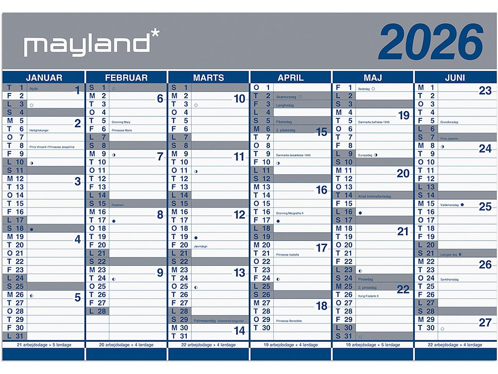 Vægkalender, 2026, Kæmpe, 6 måneder pr. side, 100x70 cm, Mayland