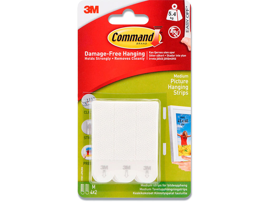 Klæbepuder, Medium, 2.7-5.4 kg, 4 sæt, 3M Command Strips 