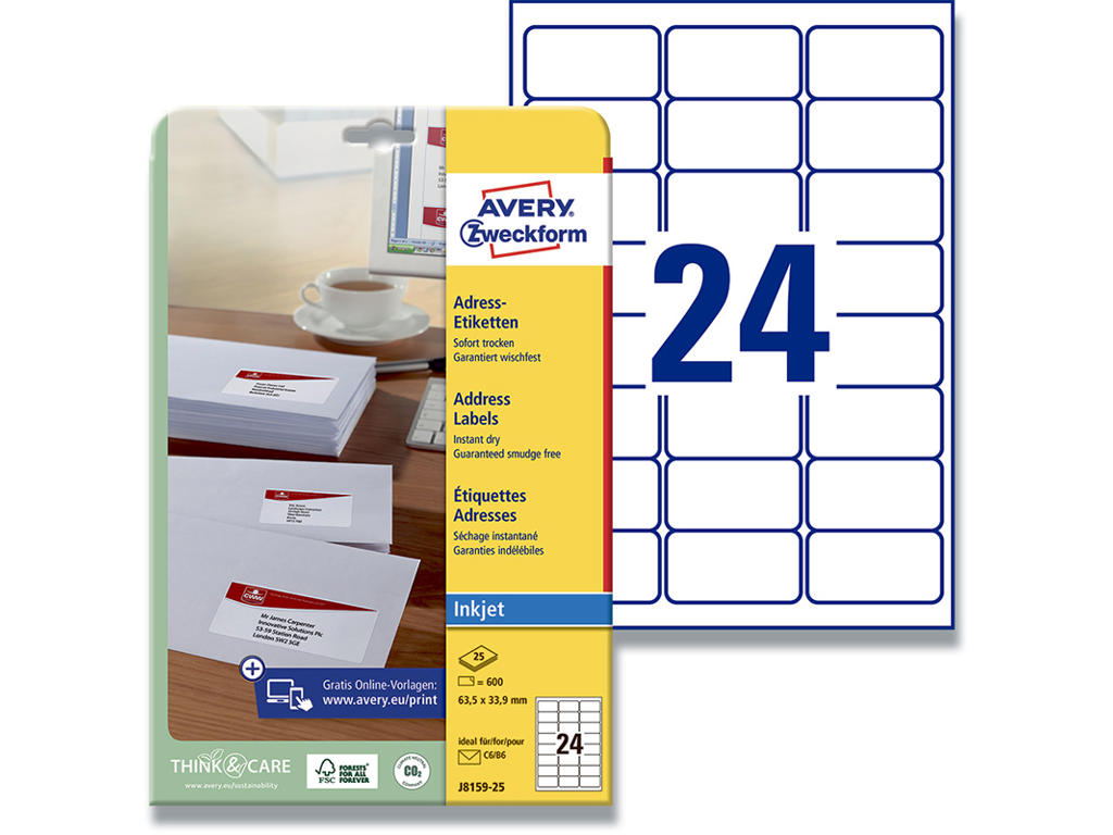 Etiketter, 63.5x33.9 mm, Hvid, 600 etiketter i alt, Avery QuickDRY 