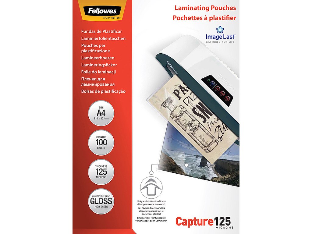 Lamineringslommer, A4, 125 micron, 100 stk, Fellowes Gloss