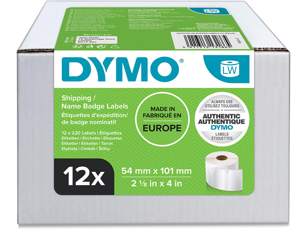 Labeletiketter, Fragt, 54x101 mm, 12 ruller af 220 etiketter, Dymo LabelWriter 13186