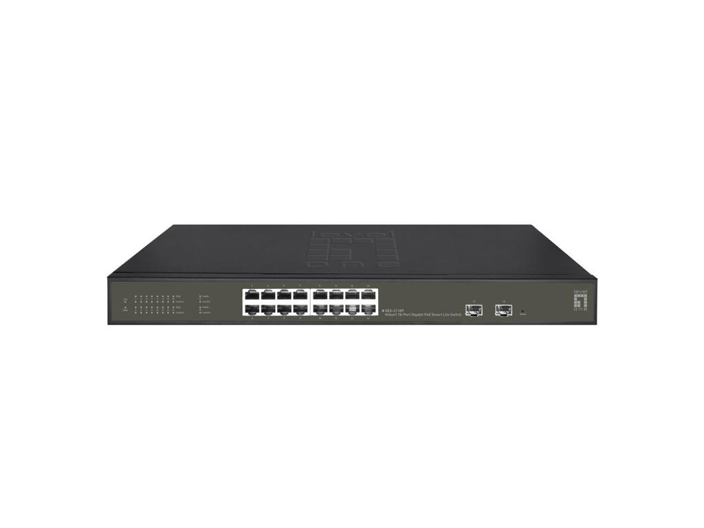 LevelOne Hilbert 18-Port Gigabit PoE Smart Lite Switch, 16 PoE Outputs, 2 x Gigabit SFP, 802.3at/af PoE, 230W PoE Power Budget