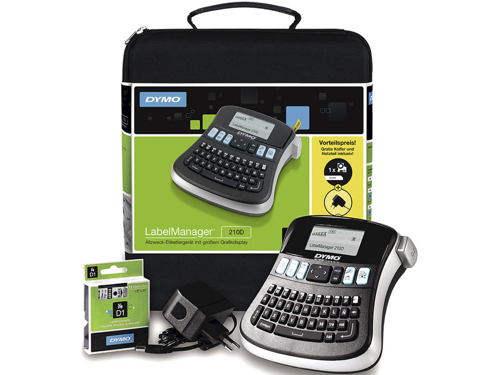 Labelprinter, Håndholdt, Stand-alone, D1 tape 6-12 mm, Dymo LabelManager 210D Kuffertsæt