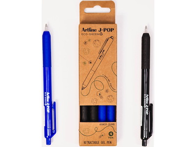 Rollerball gelpen, 0.7 mm, Blå Sort, 4 stk, Artline ECO-GREEN J-POP