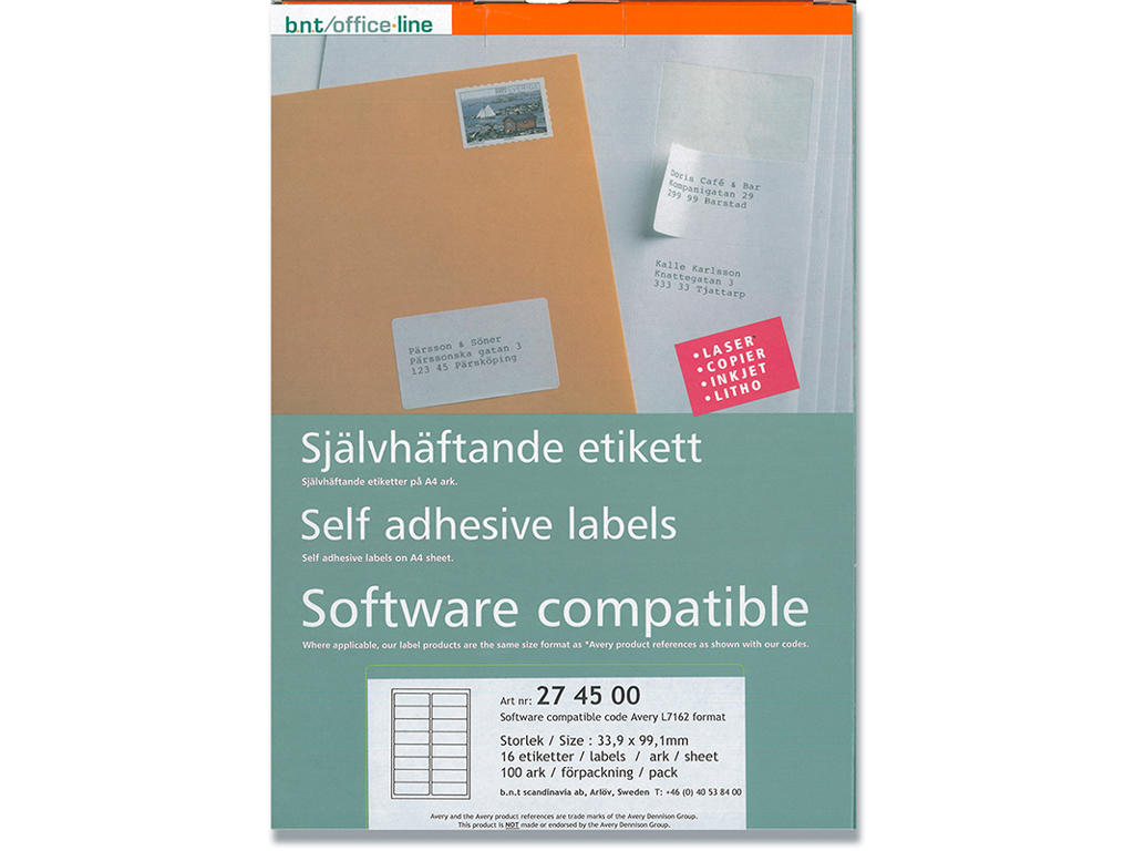 Etiketter, 33.9x99.1 mm, Hvid, 1600 etiketter i alt, BNT Office 