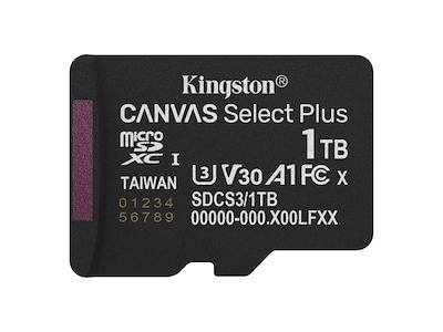 Kingston Technology 1 TB micSDXC Canvas Select Plus Gen3 150R A1, enkelt pakke uden ADP