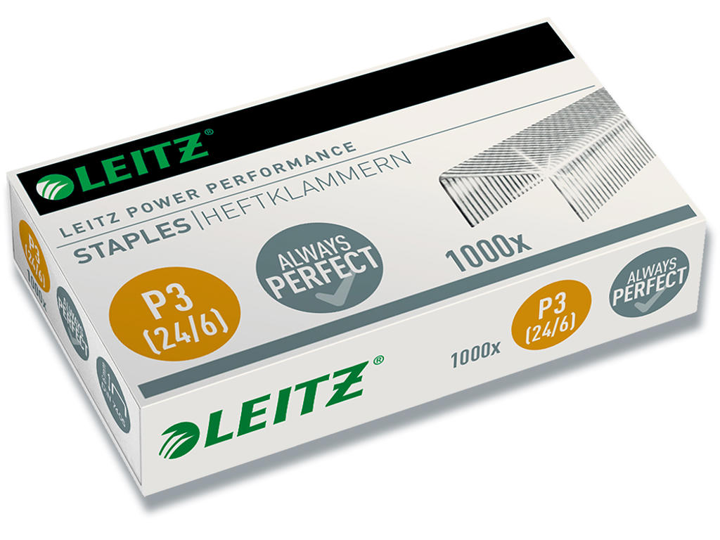 Hæfteklammer, Klamme 24/6 og P3, 30 ark, 1.000 klammer, Leitz Power Performance P3