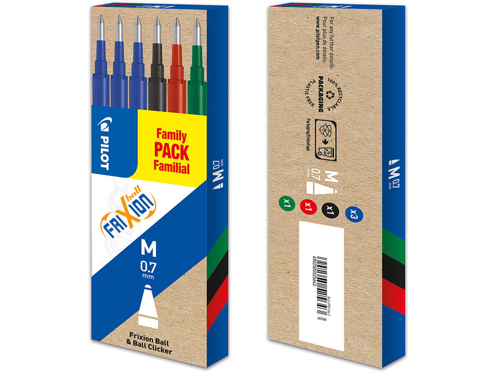 Rollerball gelpen refill, 0.7 mm, 0.35 mm, 3xblå 1xsort 1xrød 1xgrøn, Pilot FriXion BLS-FR7-S6-2