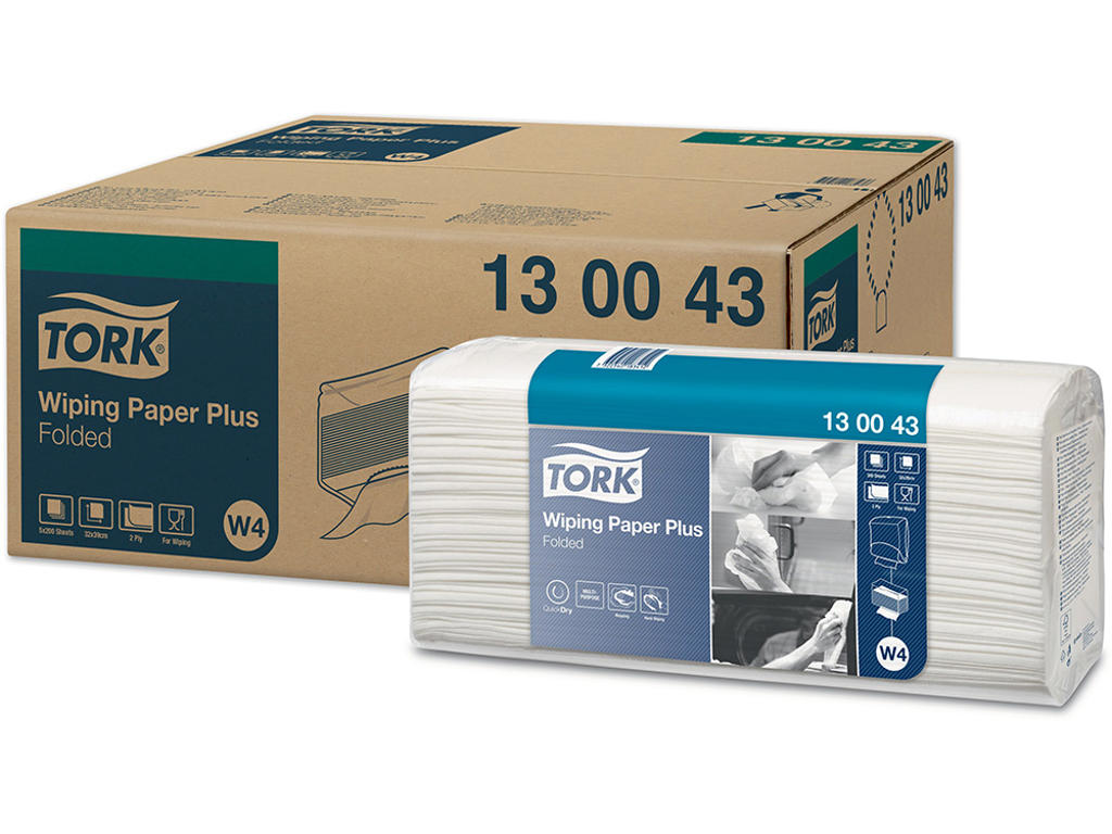 Aftørringsklud, Industri, 2 lag, Hvid, 200 klude, Tork Plus W4