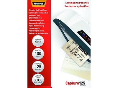 Lamineringslommer, 75x105 mm, 125 micron, 100 stk, Fellowes Gloss
