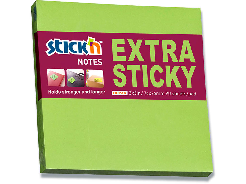 Memonotes, 76x76 mm, Grøn, 1 blok, Stick'n Extra Sticky 