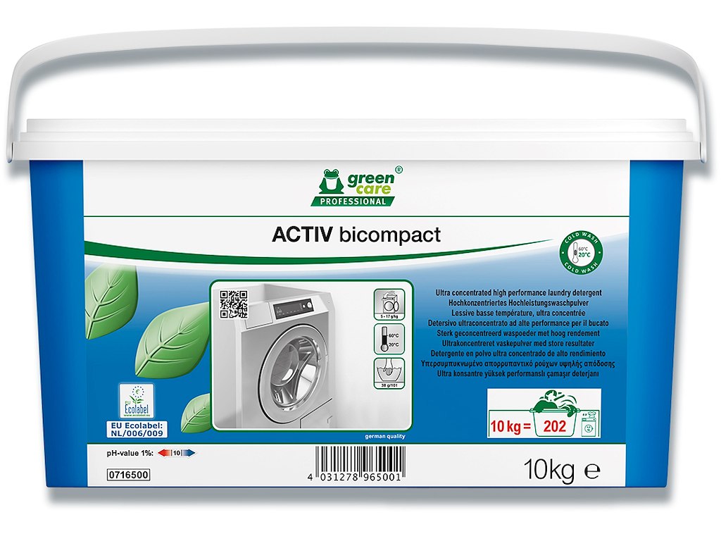 Vaskepulver, Kulørt og hvidt, Uden farve, Med parfume, 10 kg, Green Care Activ Bicompakt