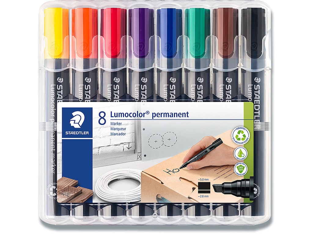 Marker, Skrå spids, 2-5 mm, 8 assorteret, Staedtler Lumocolor 350