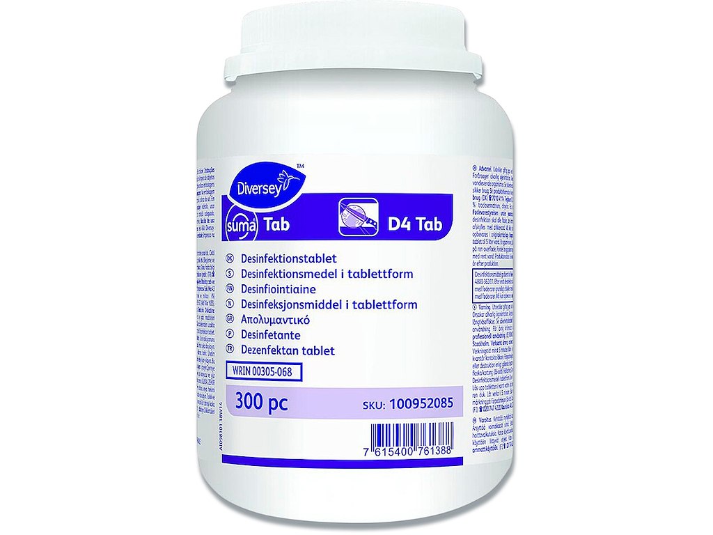 Klortablet, Uden farve, Uden parfume, 300 stk, Diversey Suma Tab D4