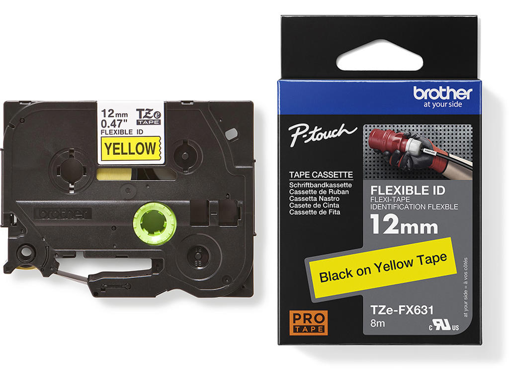 Labeltape, 12mm x 8m, Sort på Gul, 1 rulle, Brother P-Touch TZe-FX631