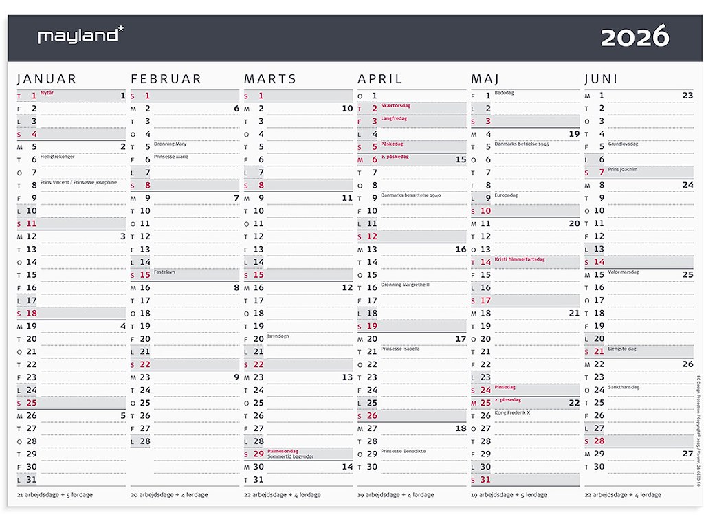 Vægkalender, 2026, A4, Kontor, Moderne, 6 måneder pr. side, Mayland