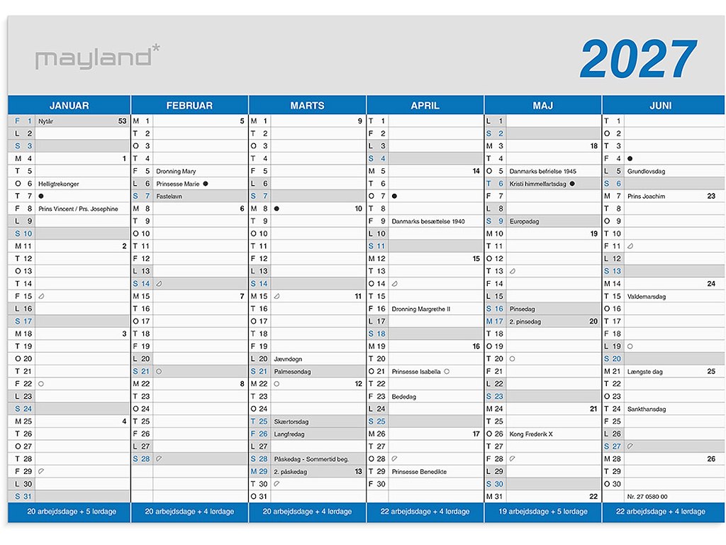 Vægkalender, 2027, A5, Kontor, Klassisk, 6 måneder pr. side, Mayland