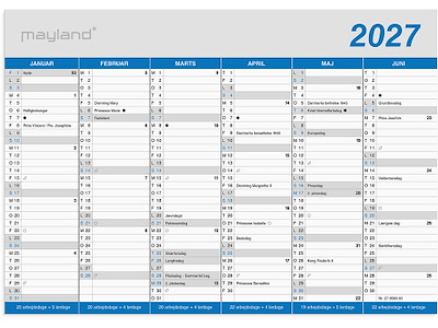 Vægkalender, 2027, A5, Kontor, Klassisk, 6 måneder pr. side, Mayland