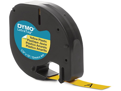 Labeltape, 12mm x 4m, Sort på Gul, 1 rulle, Dymo LetraTag Plast