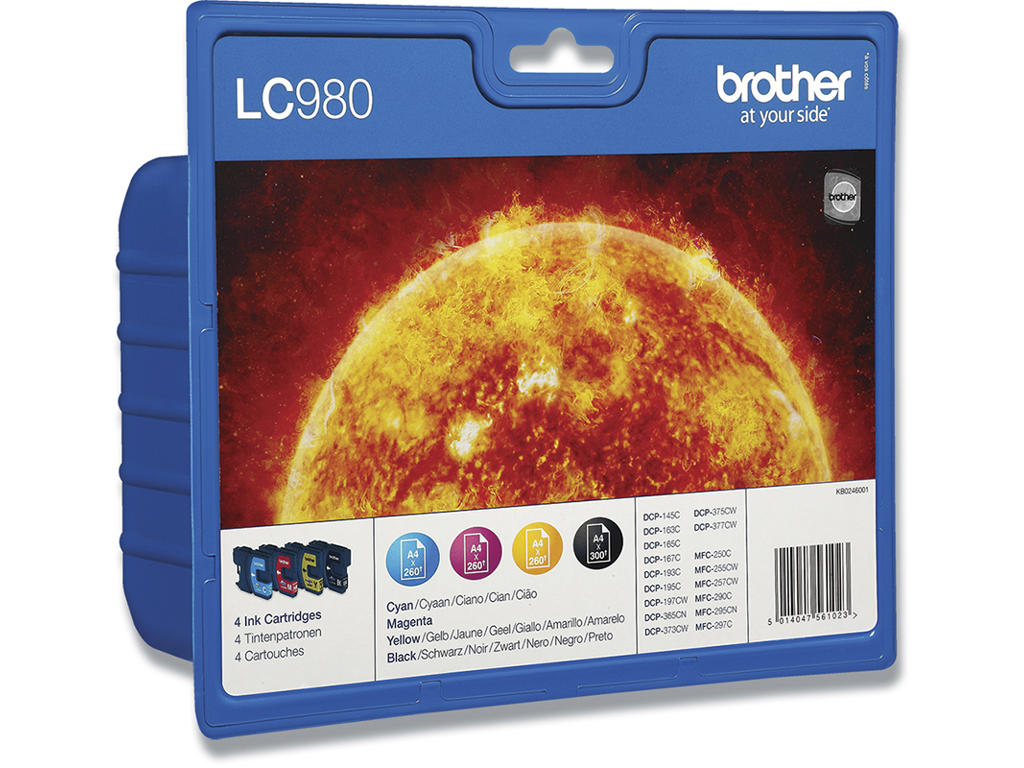 Blækpatroner, 4 stk, Sort: 300 sider Farver: 200 sider, 4 farver, Brother LC980VALBPDR