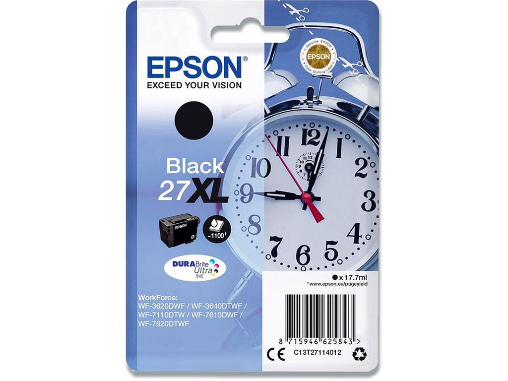 Blækpatron, 1 stk, 1.100 sider, Black-sort, Epson 27XL-T2711