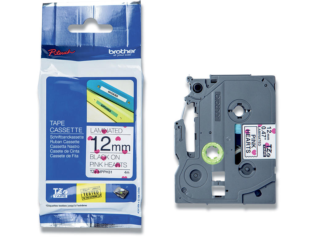 Labeltape, 12mm x 4m, Sort på Hvid med pink hjerter, 1 rulle, Brother P-Touch TZe-MPPH31