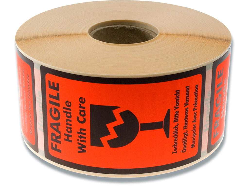 Etiketter, 120x70 mm, Floucerende orange og sort, 1000 etiketter i alt, BNT ''Fragile Handle with care'' 