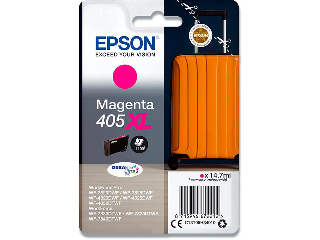 Blækpatron, 1 stk, 1.100 sider, Magenta-rød, Epson T405