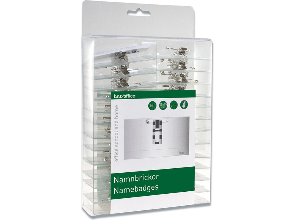 Navneskilt, Med klemme, sikkerhedsnål og indstik, 40x75 mm, Vandret, BNT Office 