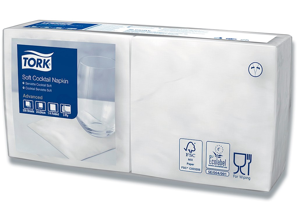 Servietter, 3 lag, Hvid, 24x24 cm, 2400 stk, Tork Advanced