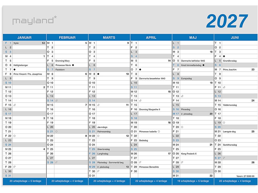 Vægkalender, 2027, A4, Kontor, Klassisk, 6 måneder pr. side, Mayland