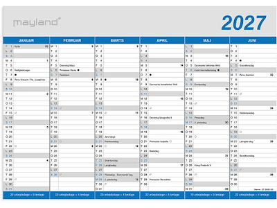 Vægkalender, 2027, A4, Kontor, Klassisk, 6 måneder pr. side, Mayland