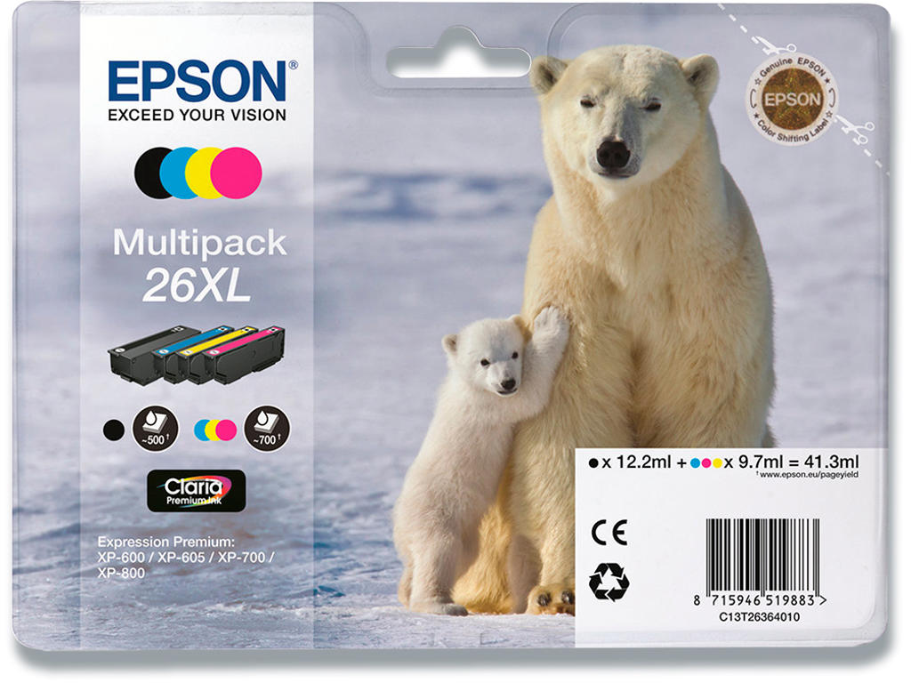 Blækpatroner, 4 stk, Sort: 500 sider Farver: 700 sider, 4 farver, Epson 26XL