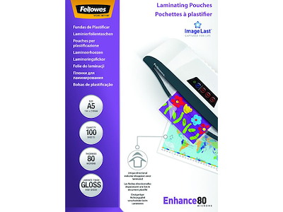 Lamineringslommer, A5, 80 micron, 100 stk, Fellowes Gloss