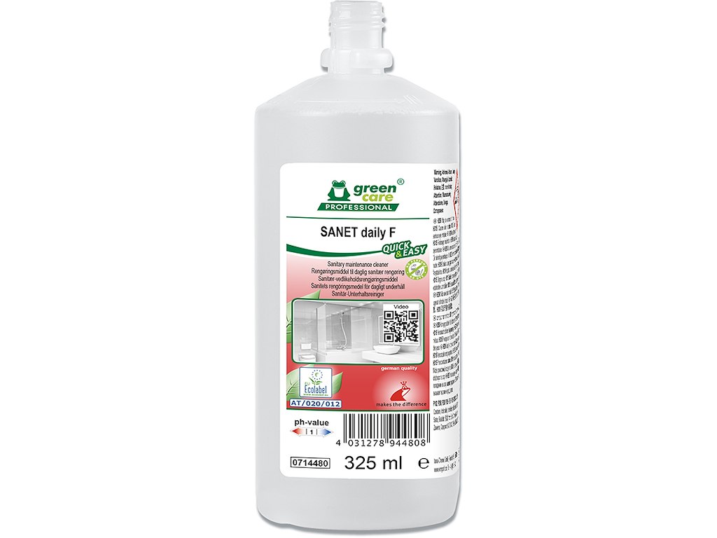 Sanitetsrengøring, Sur-kalkhæmmende, Uden farve og parfume, 325 ml, Green Care SANET daily zero% Quick & Easy