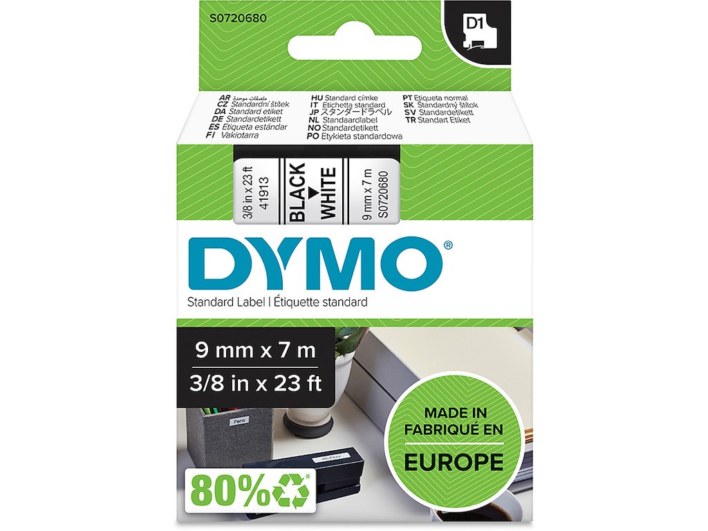 Labeltape, 9mm x 7m, Sort på Hvid, 1 rulle, Dymo D1 40913