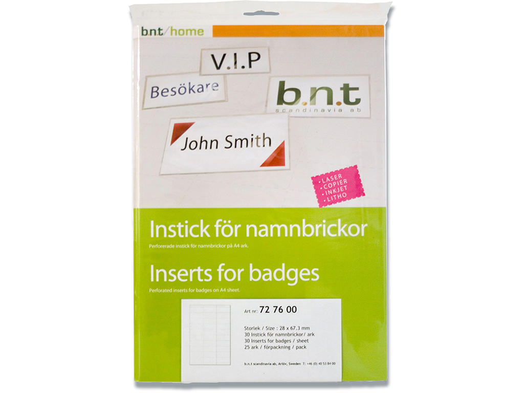 Indstik, Til navneskilte, 750 stk, 28x67 mm, BNT Office 